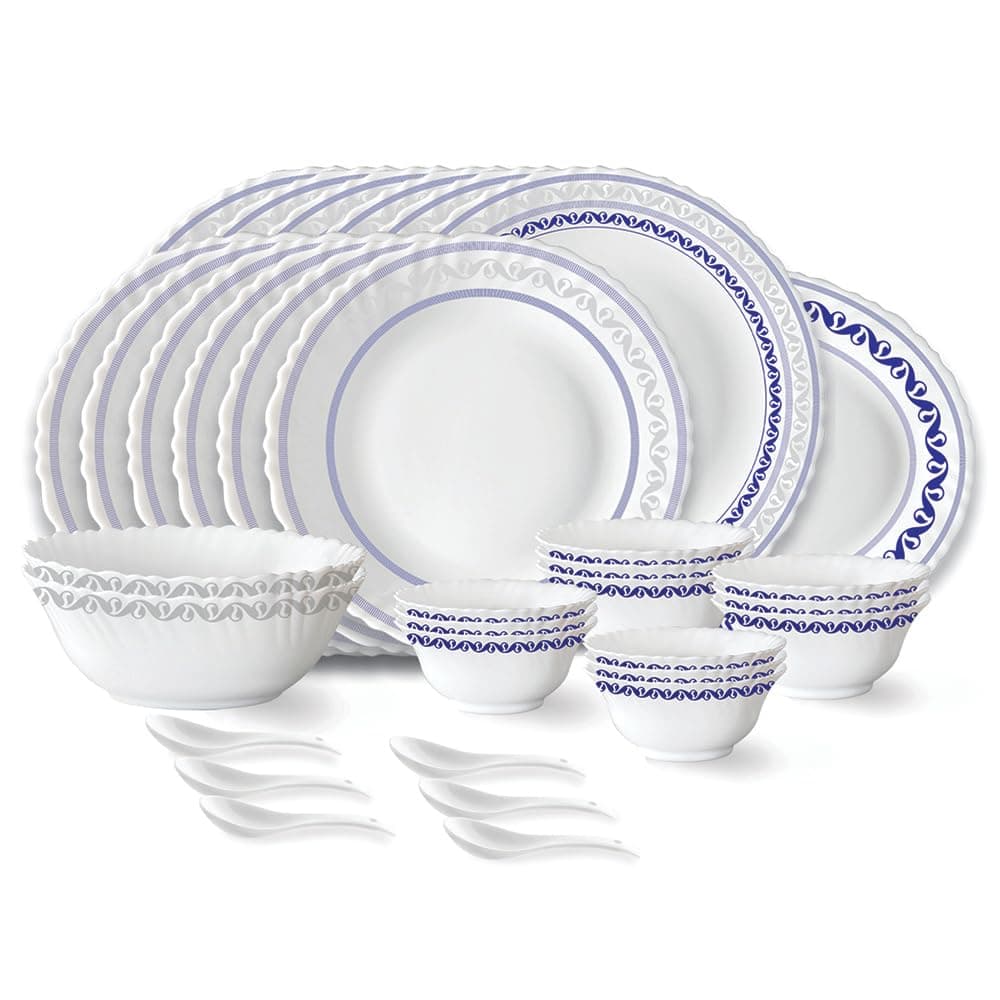 Larah by Borosil Jazzblue Fluted Opalware Dinner Set (33 Pieces) at ₹1489 (67% Off) – Amazon