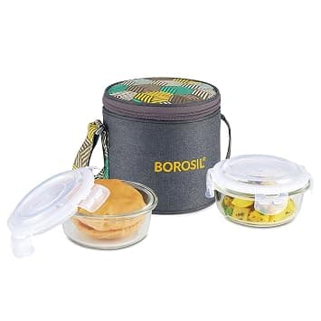 Borosil Lunchbox with Bag | Set of 2 (400ml) | Borosilicate Glass, Round, Vertical | Microwave & Dishwasher Safe, Leak Proof | Tiffin for Of at ₹615 – Amazon