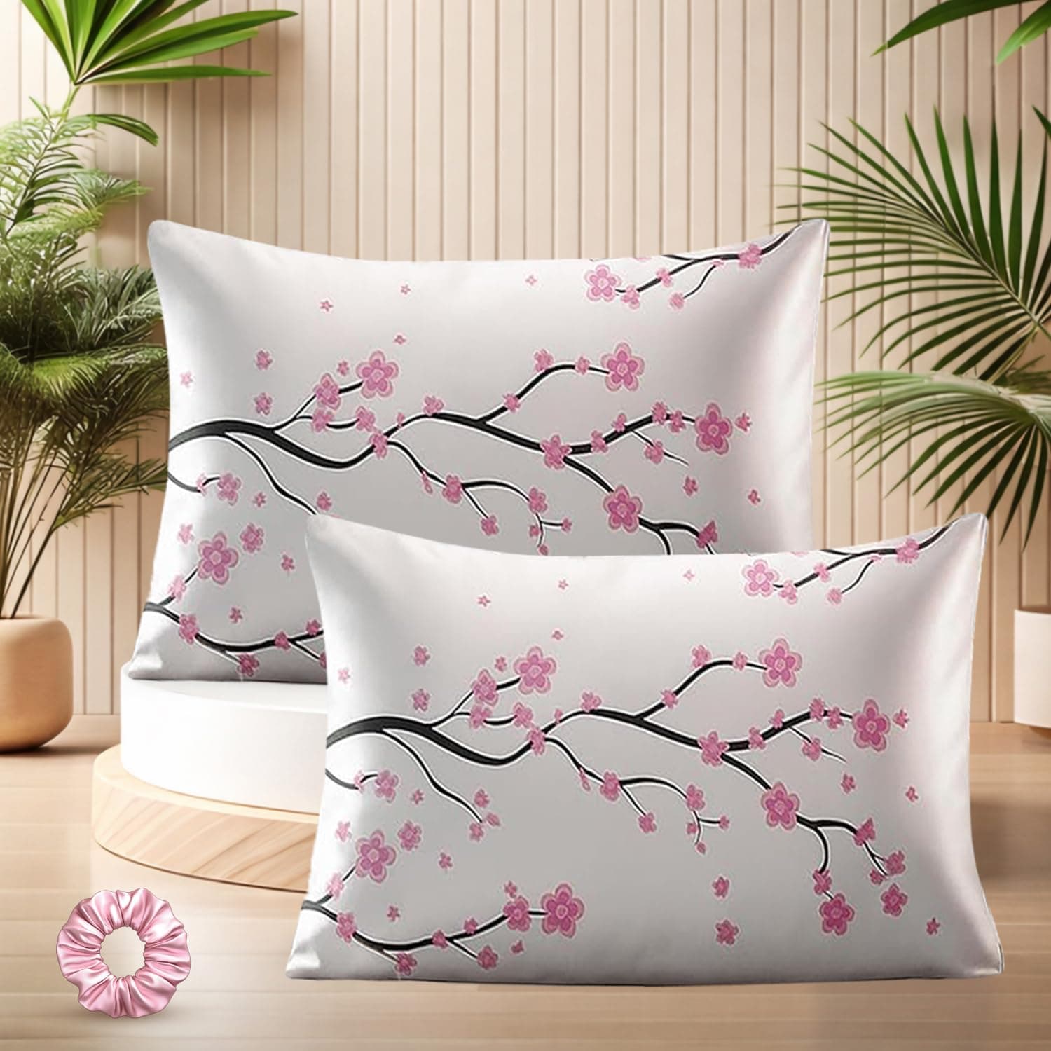 CANWAY Satin Silk Pillow Cases Set of 2, 600 TC — Anti-Frizz + Free Scrunchie (White-Flower)