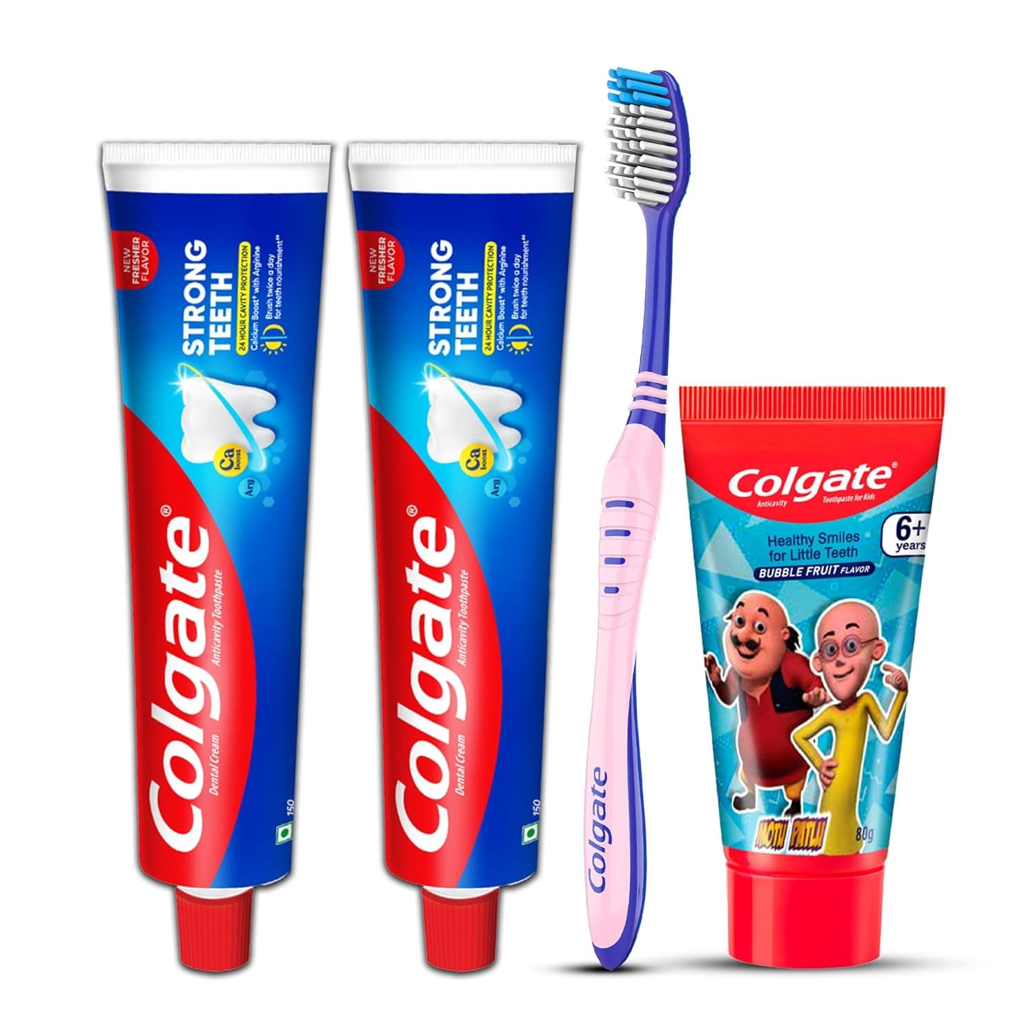 Colgate Strong Teeth Toothpaste, 300g, Bubblefruit Toothpaste for Kids (6+ years) 80g and Toothbrush (Combo Family Pack Offer) at ₹225 (41% Off) – Amazon