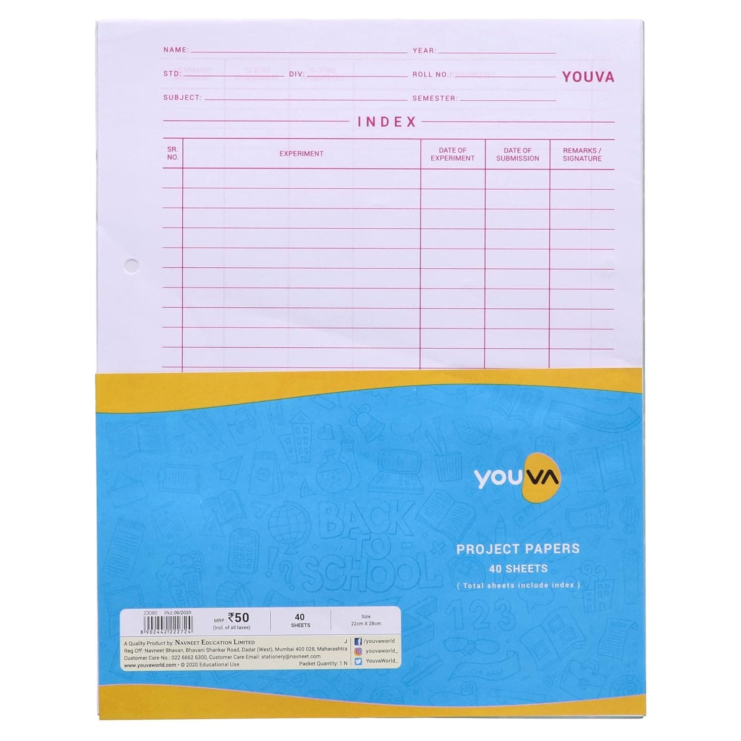 YOUVA Navneet Project Paper For Project/Assignment/Practical/Homework | 22 Cm X 28 Cm | 1 Side Ruled / 1 Side Plain | 40 Sheets| Pack Of 4 at ₹48 – Amazon