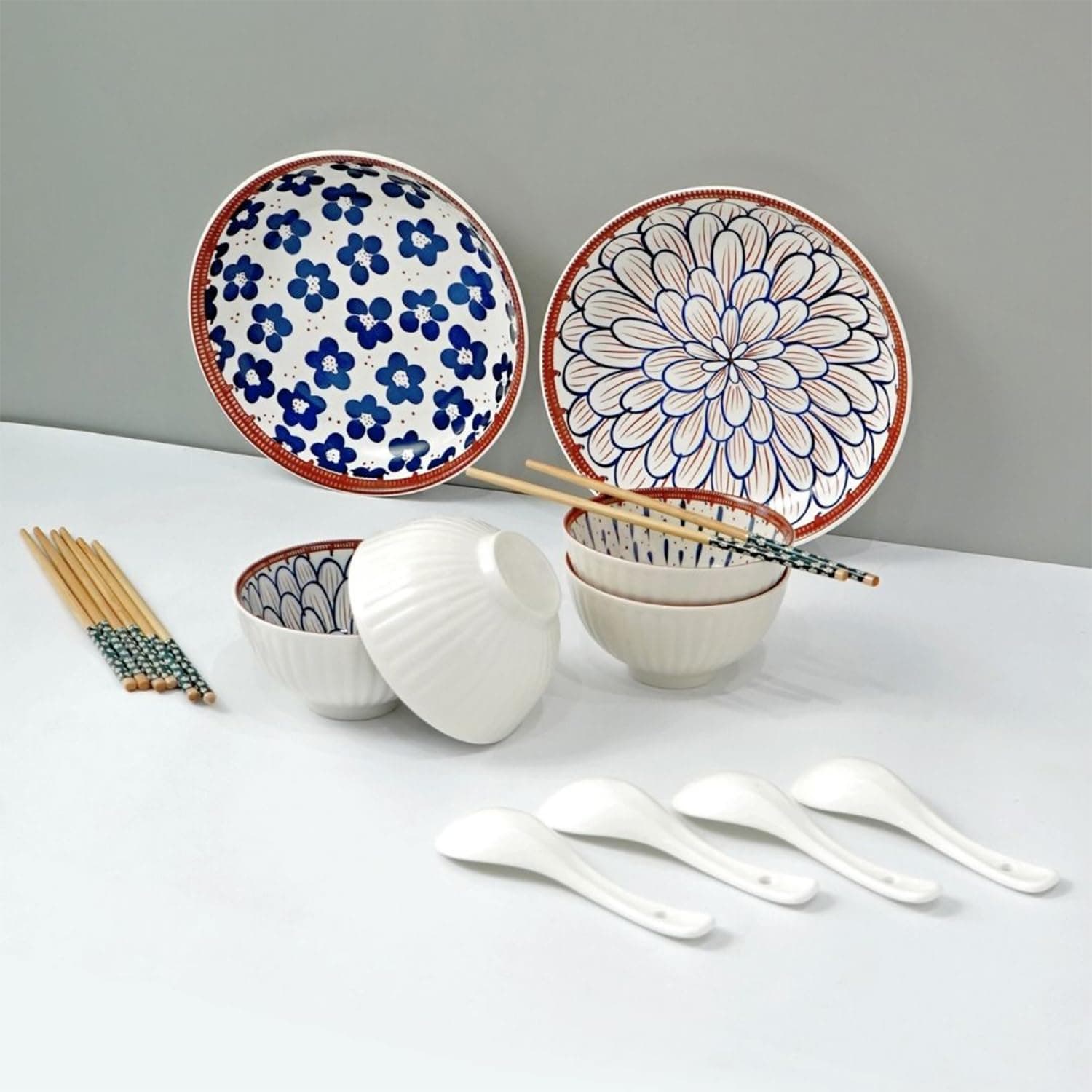 Amazon Brand Solimo Ceramic Bowl with Plate, Spoon and Chopstick Set, 14 Pieces