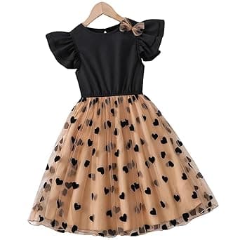Girls Black & Beige Heart Print Party Dress | Flutter Sleeve Top with Tulle Skirt | Kids Elegant Birthday & Festive Frock(DW-203) at ₹295 – Amazon