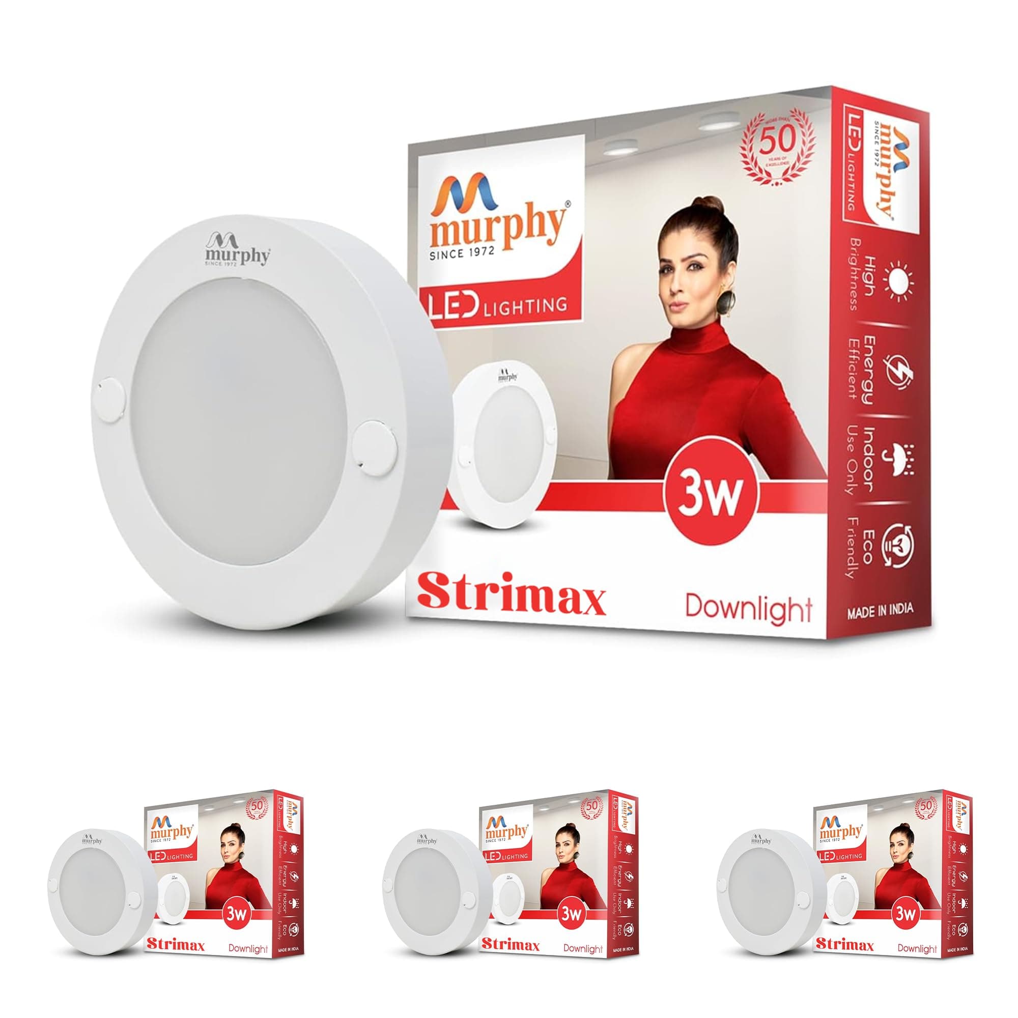Murphy STRIMAX 3W Surface LED Downlight (Warm White, Pack of 4)