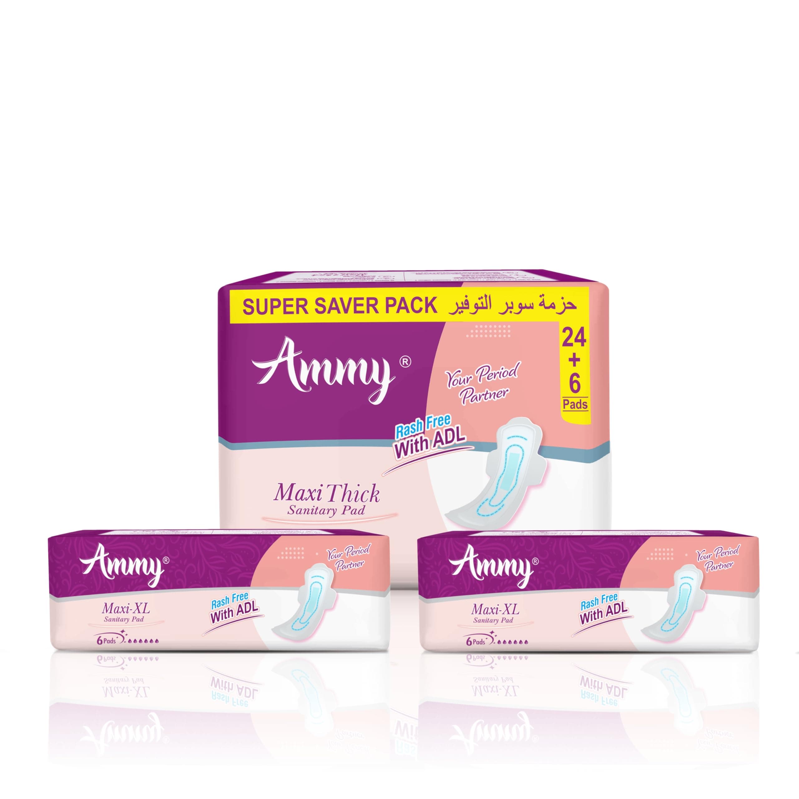 Ammy Super Absorbent Maxi Thick Sanitary Pads - 30 Pcs XXL Size for Heavy Flow & 12 Pcs XL for Medium Flow | Cottony Soft, Rash-Free, Leak-Lock with 6-Layer Shield & Active Flow Layer | Pack of 3