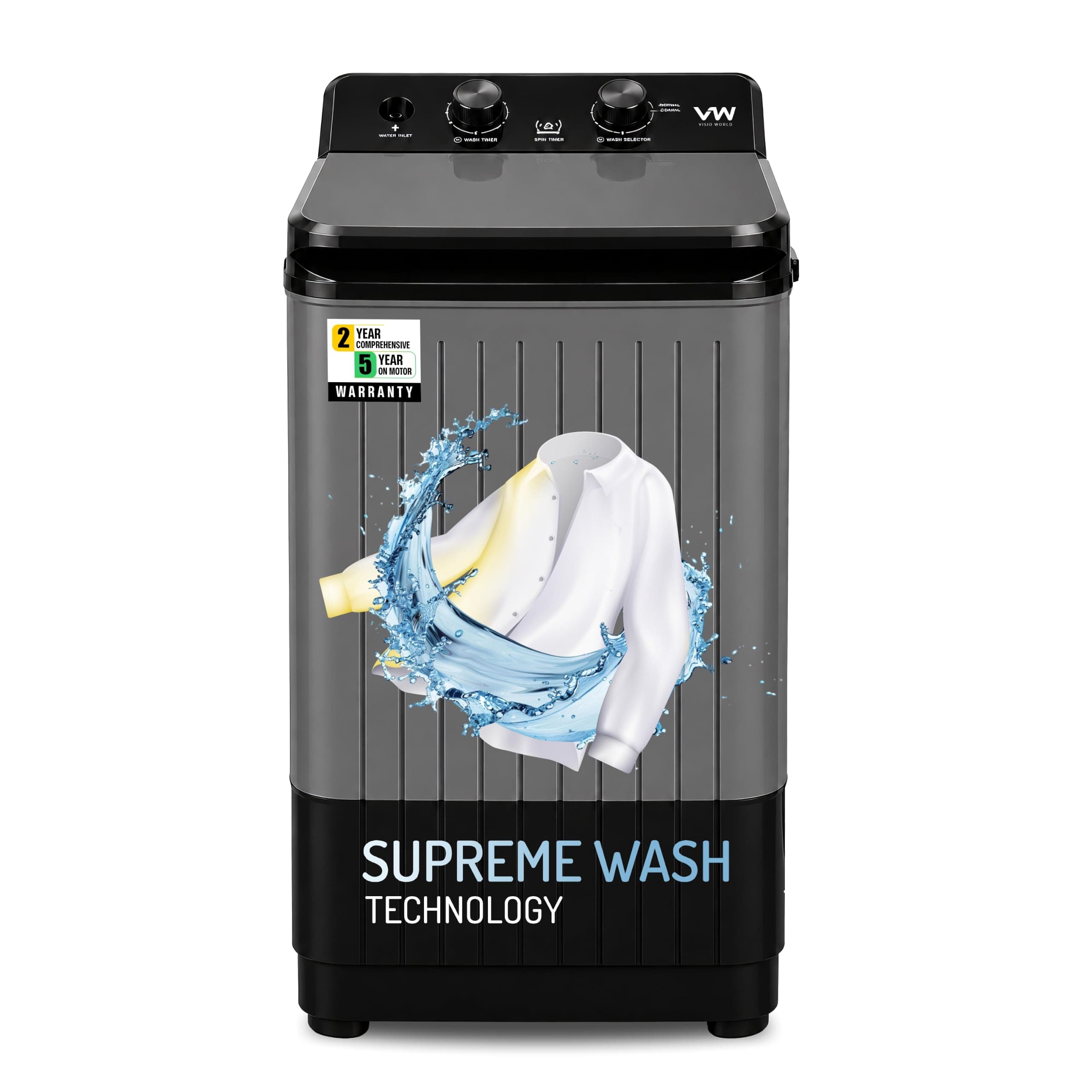 VW 8.5 kg semiautomatic Top Load Washer Only with Powerful Wash, V8 Supreme Wash, Black/Grey