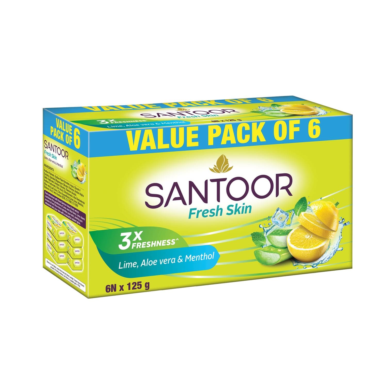 Santoor Fresh Skin Aloe Vera & Lime Bathing Soap (125g, Pack of 6)