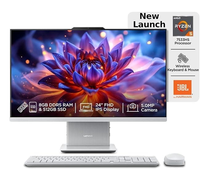 Lenovo IdeaCentre AIO Ryzen 5 7533HS 23.8" FHD All-in-One Desktop (8GB/512GB, Win11) at ₹67,990 (47% Off) – Amazon