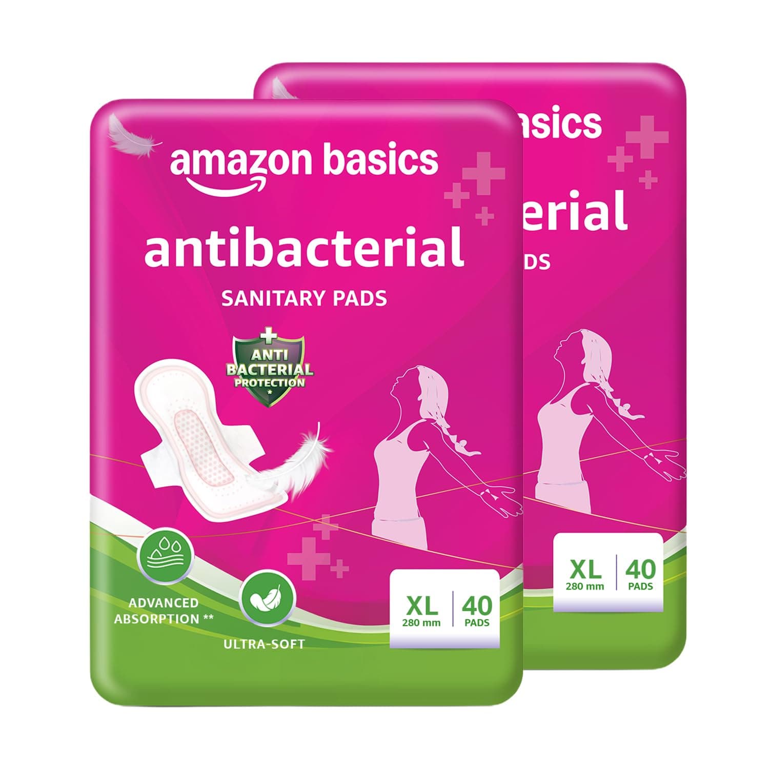 Amazon Basics Anti-Bacterial Sanitary Pads XL, 280mm Extra Coverage, Ultra-Absorbent Core