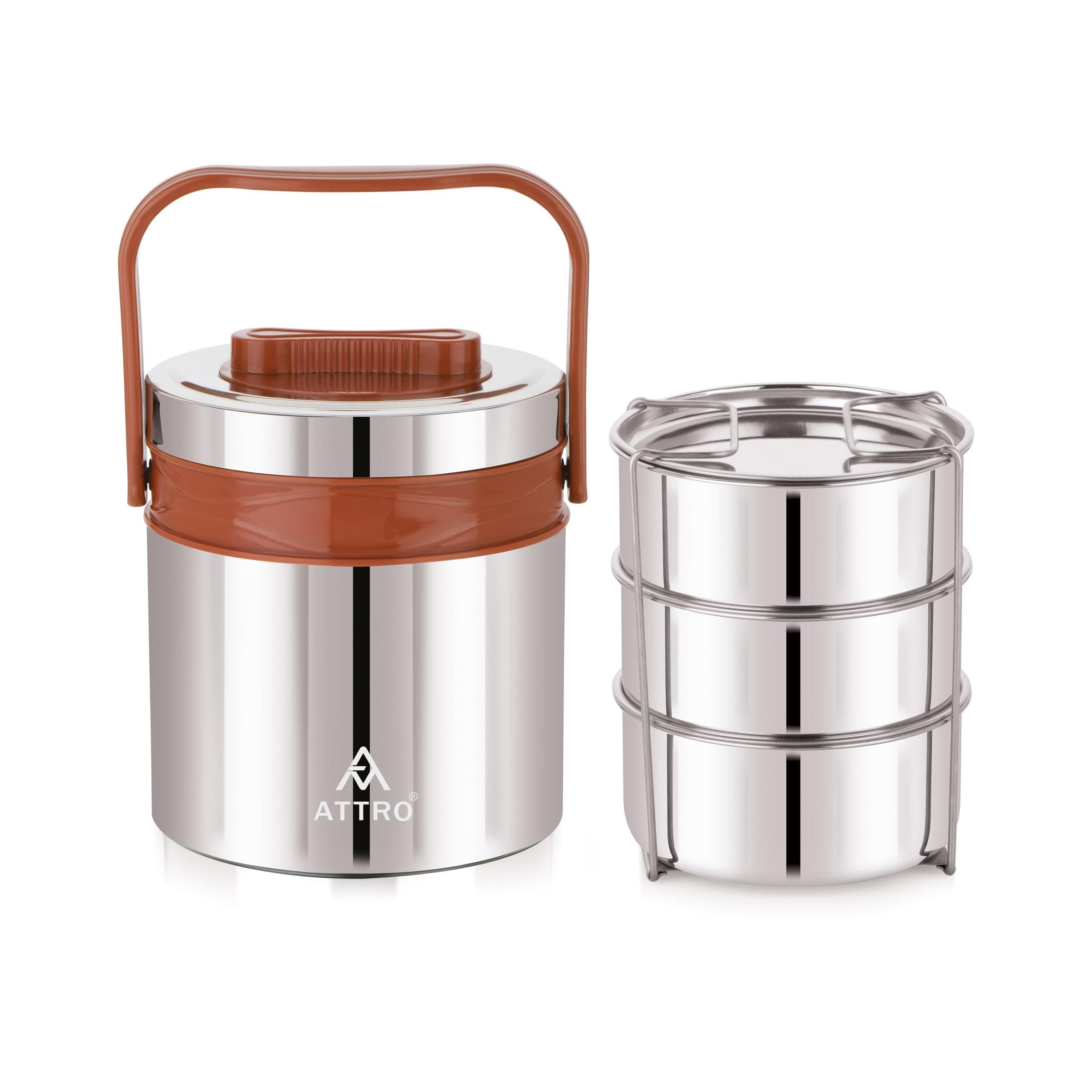 ATTRO Steel On 3 Insulated Tiffin (3 Containers, 900 ml)