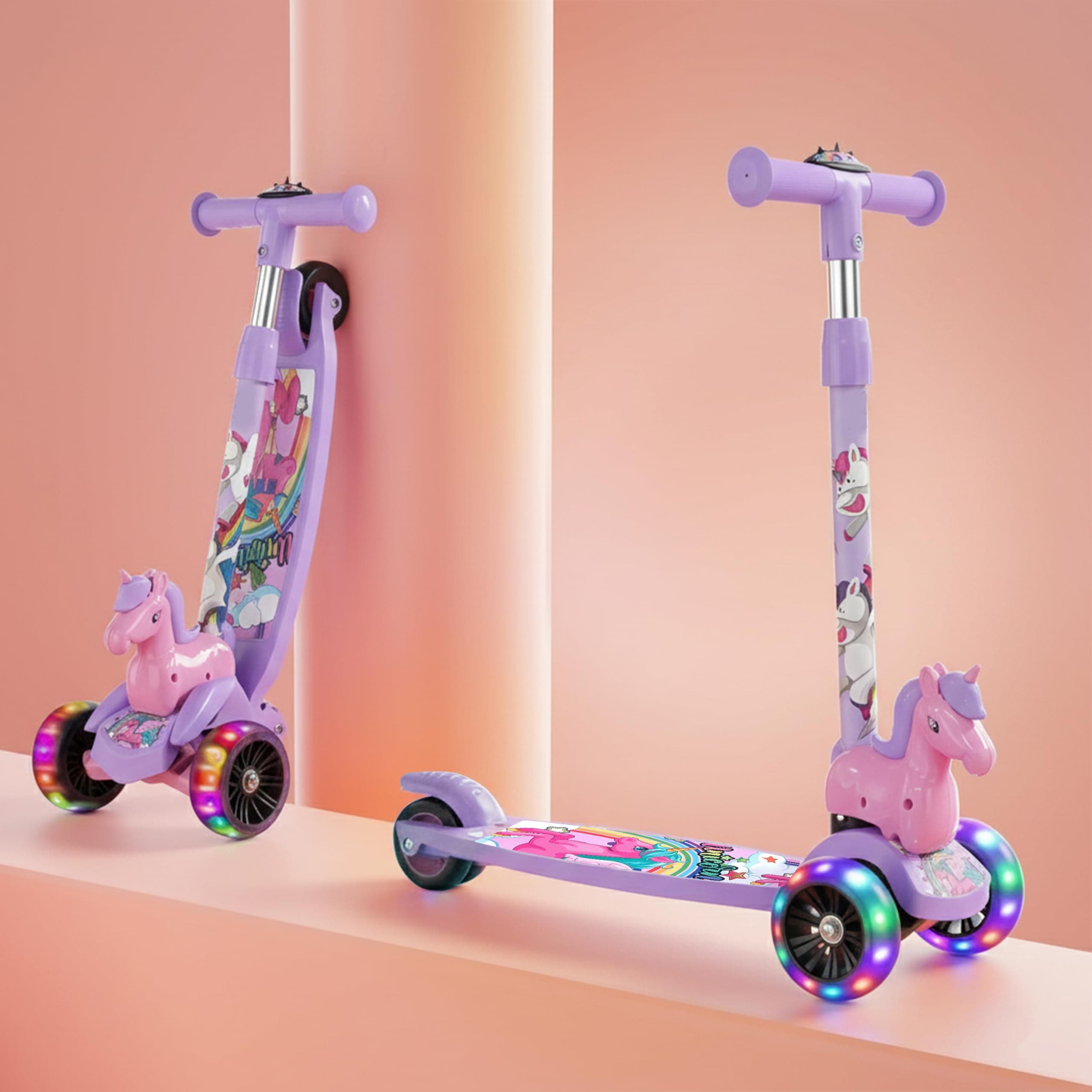 Kidsmate Unicorn Kick Scooter for Kids Age 3-8, LED Wheels, Foldable, Purple