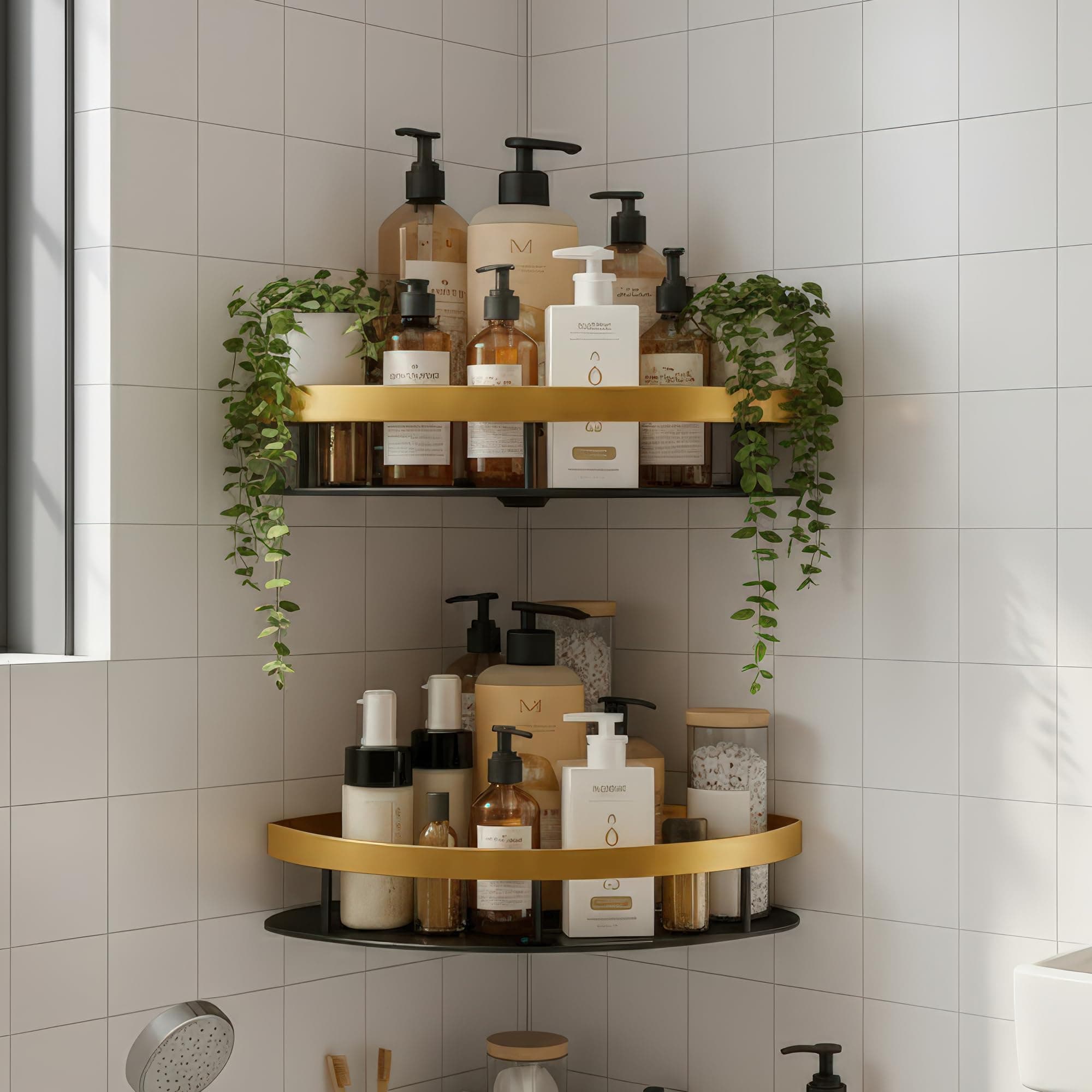MIORAH Self Adhesive Adjustable Bathroom Organizer Corner Shelf – Rustproof Powder Coated ABS – Wall Mounted Storage No Drilling Required Black Pack of 2