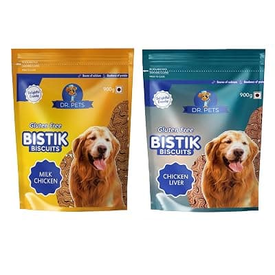 Dr. Pets Pack of 2 (900g Each) Bistik Dog Biscuits | Milk Chicken & Chicken Liver Flavour | Gluten Free Crunchy Dog Treats for Puppies & Adu at ₹281 – Amazon