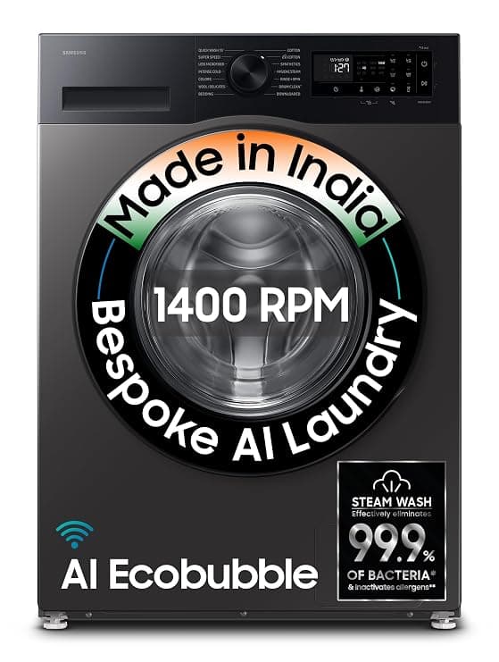 Samsung 9Kg 5 Star AI EcoBubble Front Load Washing Machine (WW90DG5U24AX, Hygiene Steam) at ₹39,490 (23% Off) – Amazon