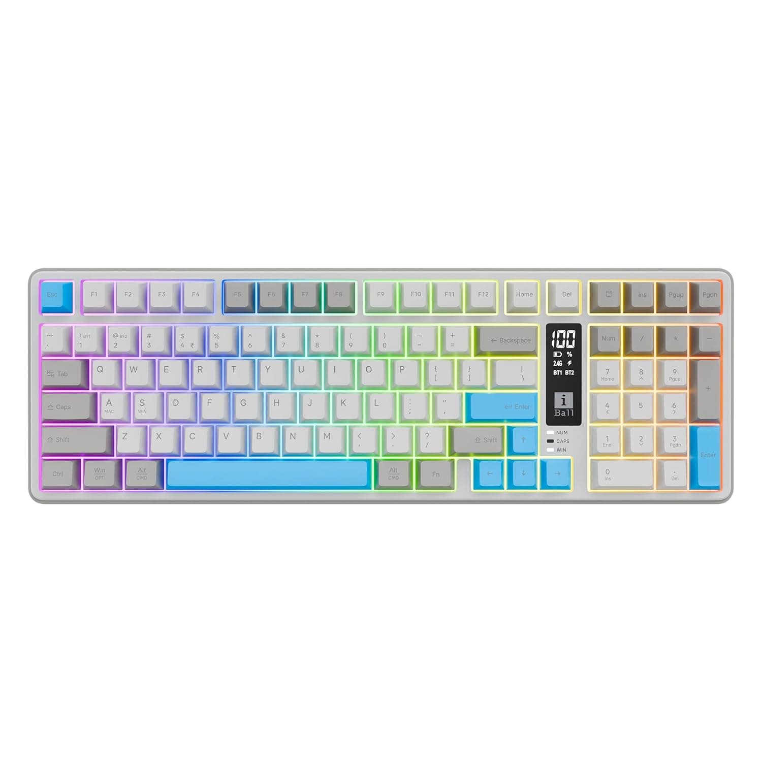 iBall QWERTY S500 Wireless Keyboard — Dual BT + 2.4GHz + Wired, RGB Backlit, 99-Key Anti-Ghosting (Cement Grey)