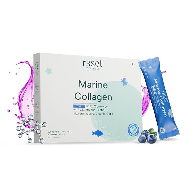 R3SET Japanese Marine Collagen 5000mg with Glutathione (10 Sachets) at ₹349 (56% Off) – Amazon