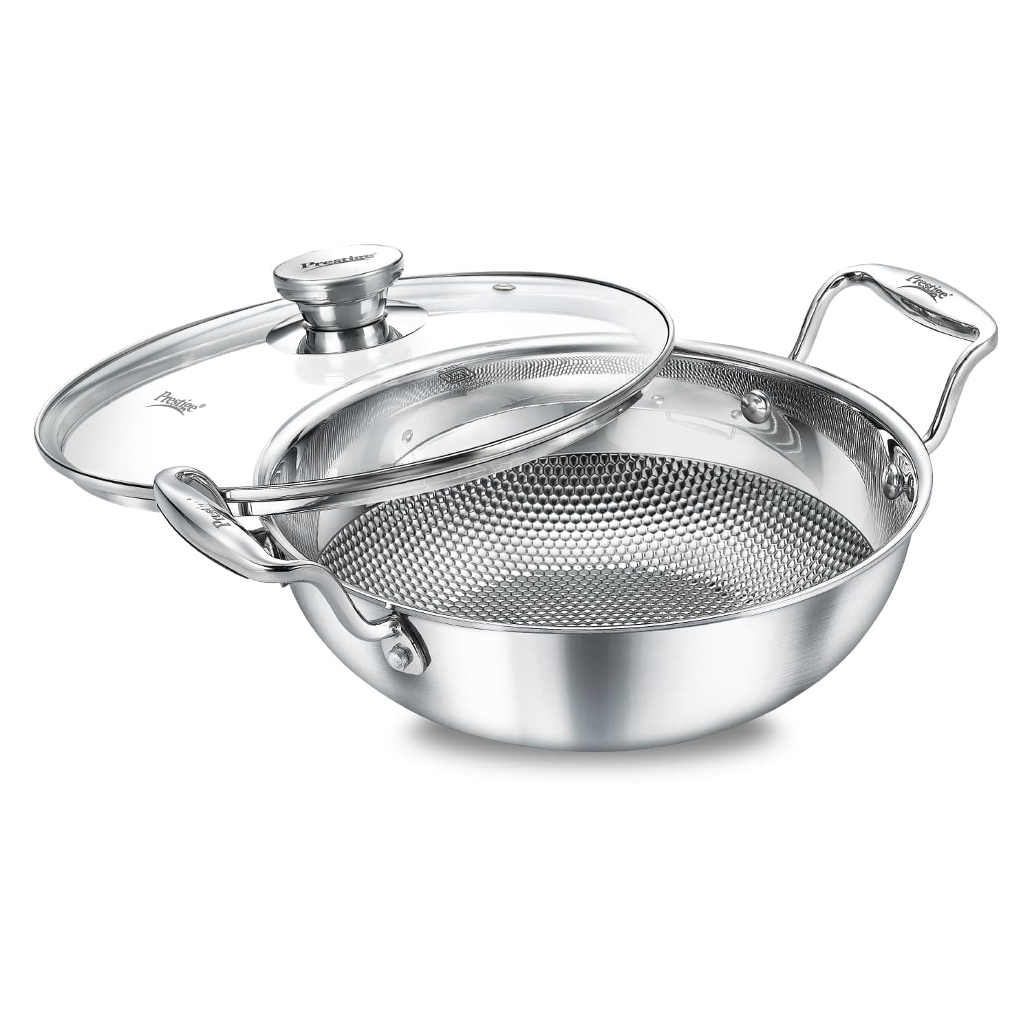 Prestige Tri-Ply Stainless Steel Kadai 20cm/1.6L with Glass Lid