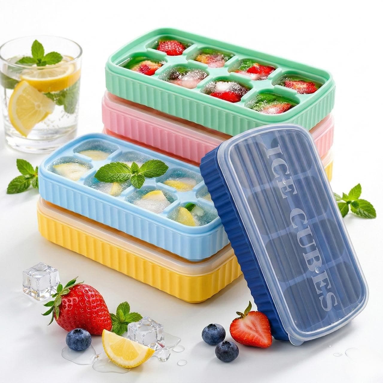 BIDFUL Silicone Ice Cube Tray with Lids (3 Pack, 8-Cavity)