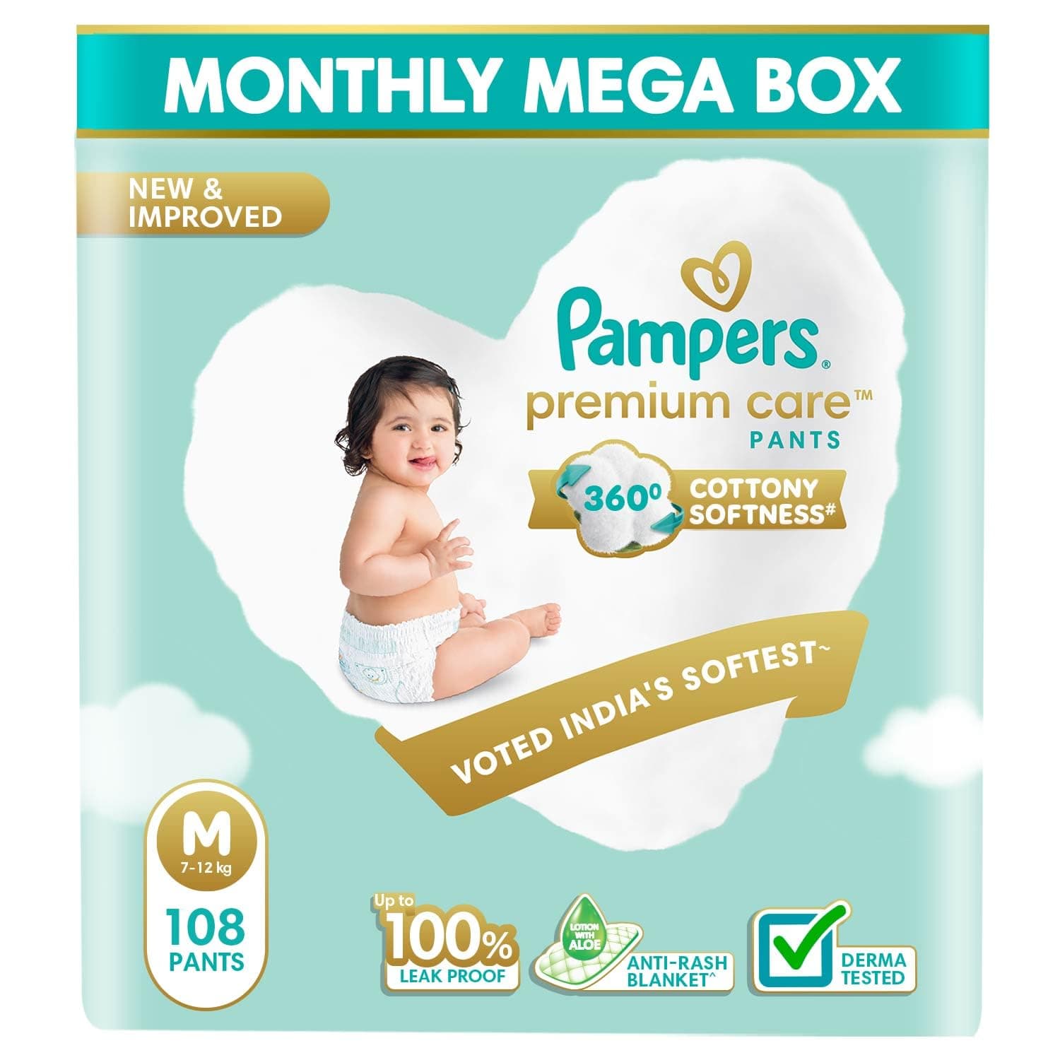 Pampers Premium Care Pant Style Baby Diapers Medium, 108 Count, Anti Rash with Aloe Vera