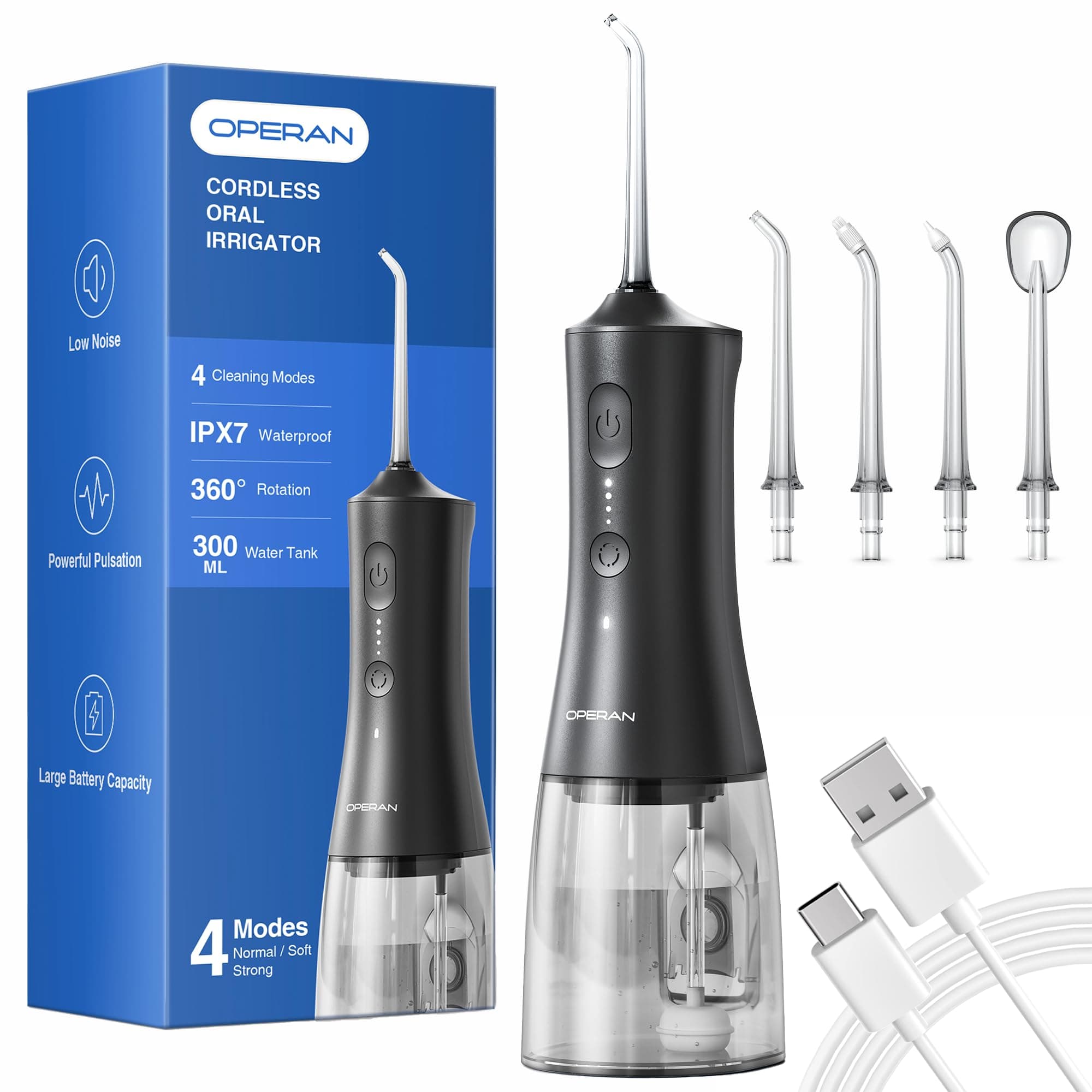 Operan Cordless Water Flosser, 4 Modes, 300ml (Black)