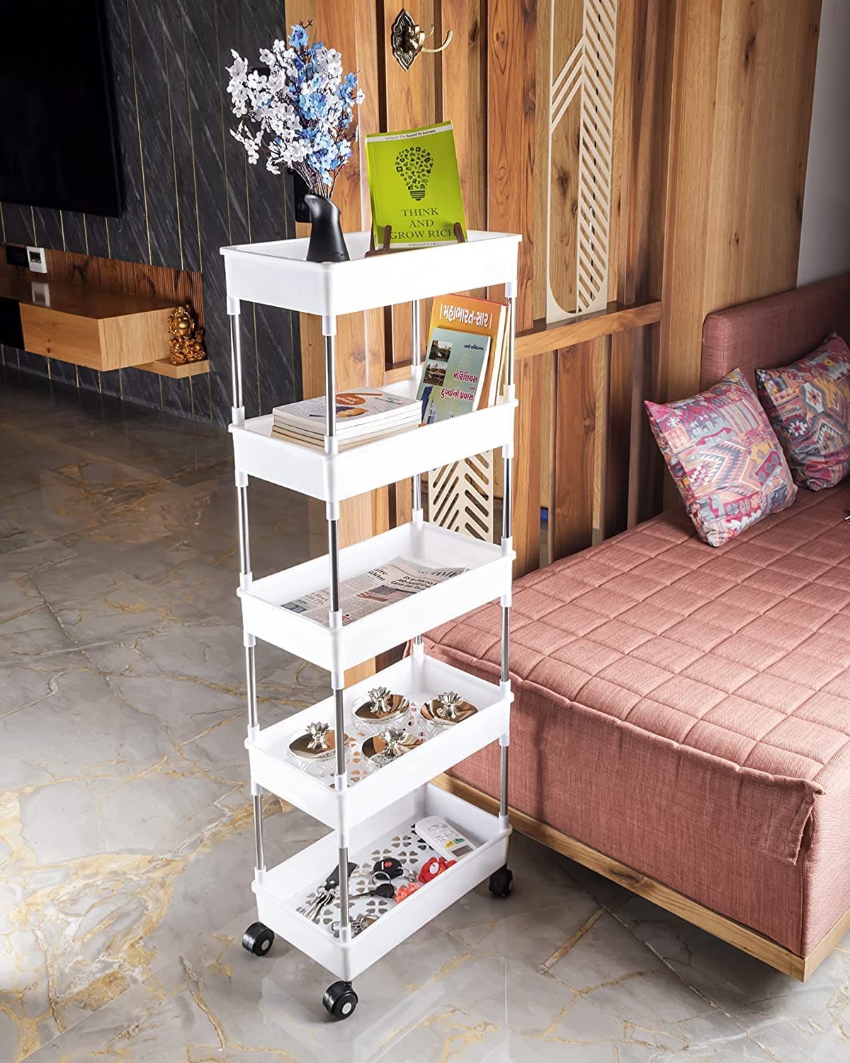 Rasvesh 5-Layer Plastic Kitchen Storage Trolley Rack with Wheels at ₹528 (65% Off) – Amazon