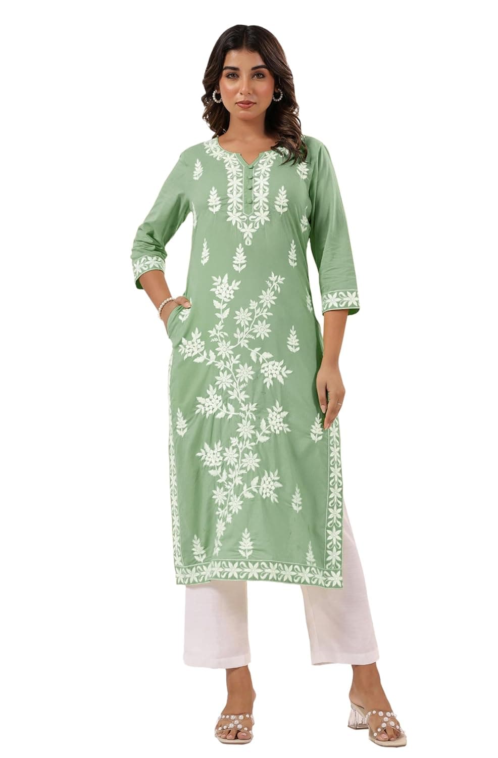 Janasya Women's Light Blue Pure Cotton Embroidered Straight Kurta at ₹384 – Amazon