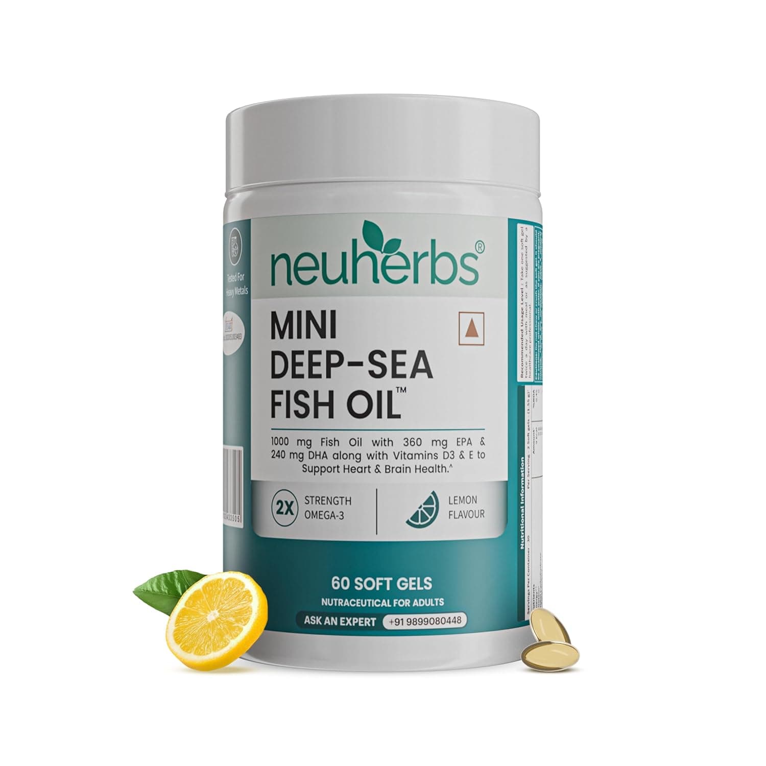Neuherbs Mini Deep Sea Omega 3 Fish Oil Capsules 1000mg Supplement | EPA - 360mg, DHA - 240mg | With Vitamin E & D3 | Supports Heart, Brain, at ₹299 – Amazon