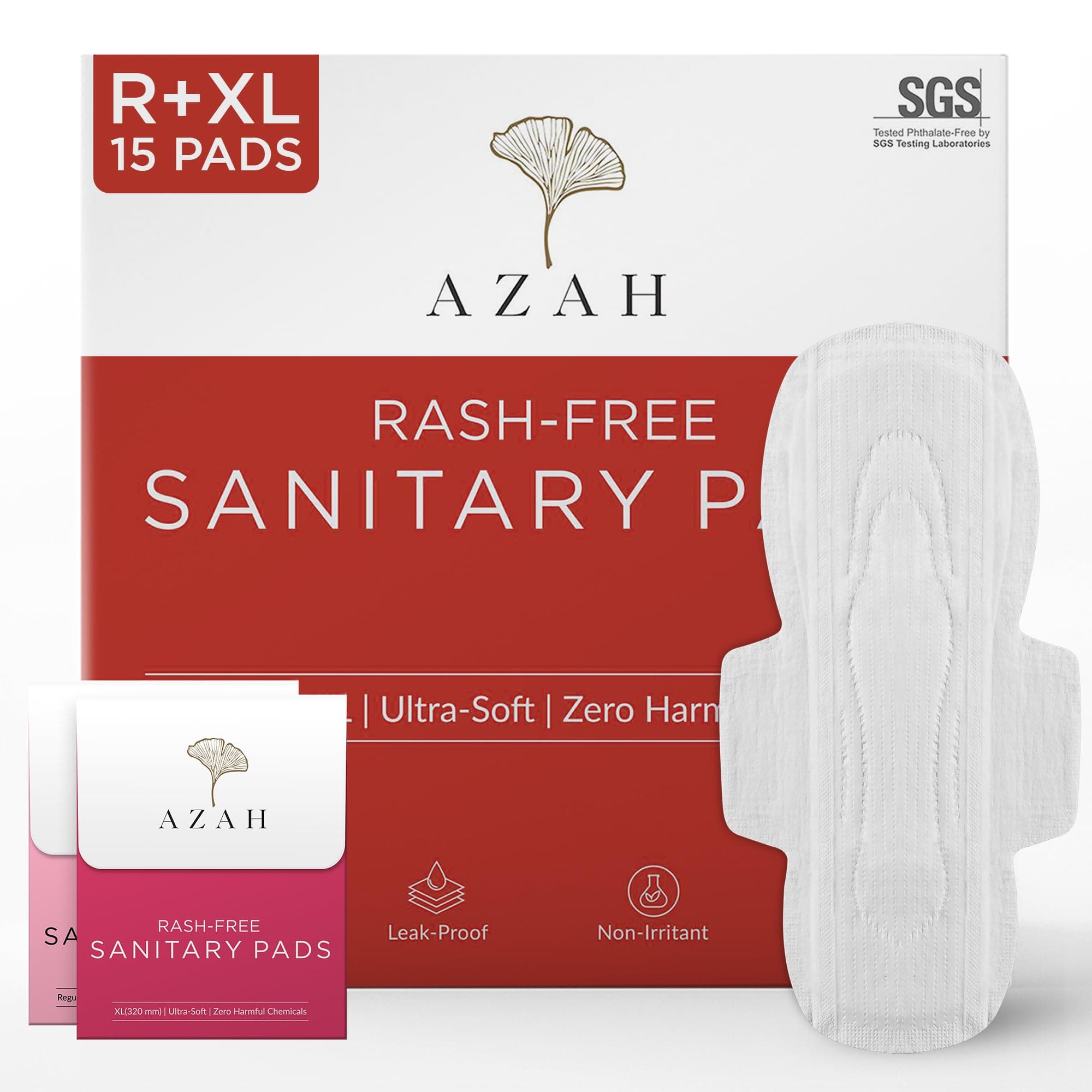 AZAH Rash-Free Sanitary Pads, 10 Regular + 5 XL, Pack of 15