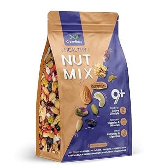 GreenFinity Premium International Healthy Nutmix 1kg, Dried Almonds, Black Raisins, Cashewnuts, Cranberries, Green Raisins & Many More. at ₹554 – Amazon
