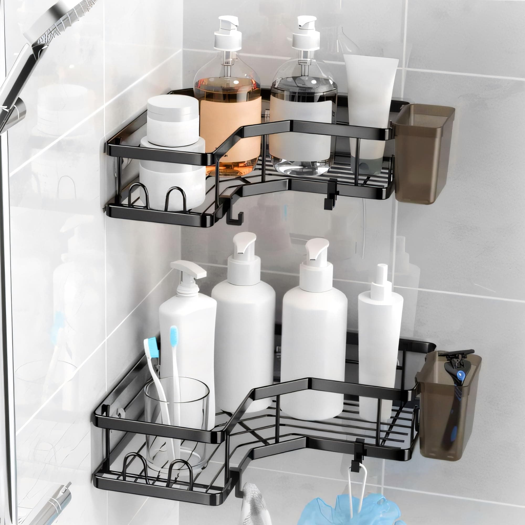 Moforoco Bathroom Corner Shelves Organiser Without Drill — Bathroom Accessories with Hooks — Self Adhesive Bathroom Shelf for Wall Black Pack of 2