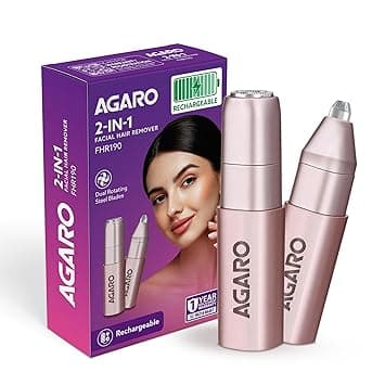 AGARO Facial Hair Removal Machine for Women, Rechargeable Eyebrow Trimmer, Cordless, Safe & Painless Electric Shaver, Hypoallergenic Blade, at ₹1424 – Amazon