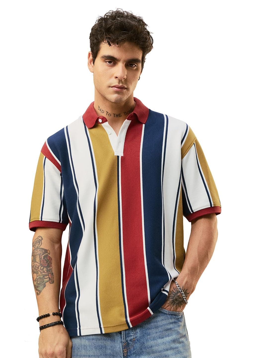 The Souled Store Rugby Striped Polo T-Shirt for Men — Oversized Cotton Blend
