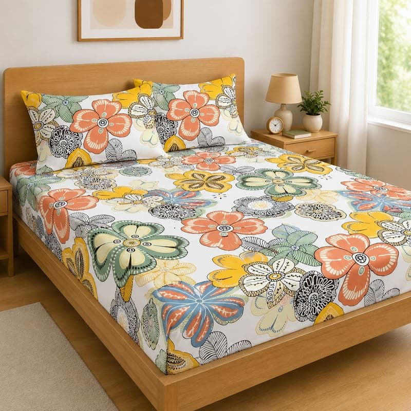 Premium Cotton Fitted Bedsheet King Size 78 x 72 x 8 Inches with 2 Pillow Covers | 220 TC | All-Around Elastic Deep Pocket Bed Cover | Multicolor Retro Floral at ₹498 (69% Off) – Amazon