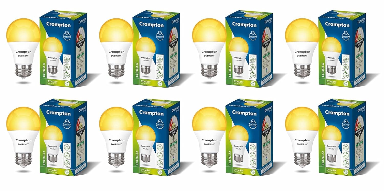 Crompton Dyna Ray 7W Round E27 LED Warm White Pack of 8 at ₹361 (70% Off) – Amazon
