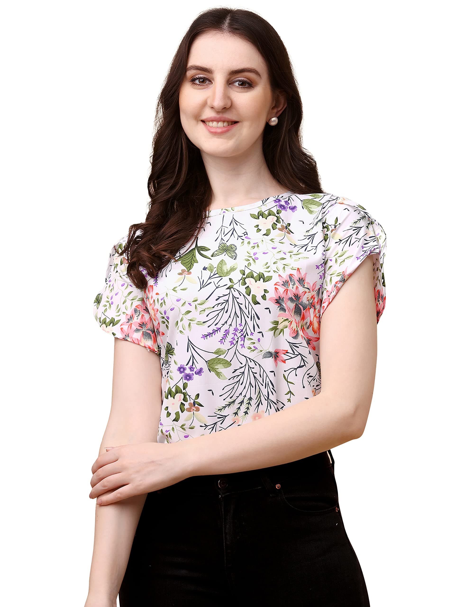 Wedani Women's Short Sleeve Round Neck Floral Top