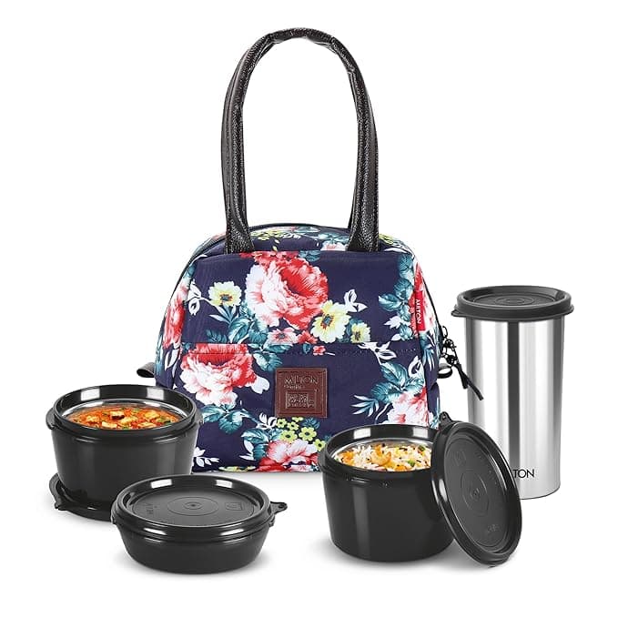 Milton Floret Insulated Lunch Box (3 Steel Containers + Tumbler, Leakproof) at ₹584 (48% Off) – Amazon