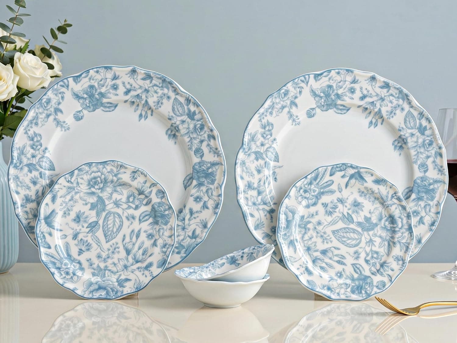 Bodhi House Porcelain Dinner Set 6 Pieces – Blue Leaf White Dinnerware Set | Dinner Plates, 2 Quarter Plates, 2 Katori Bowls | Premium Crockery Set for Dining, Kitchen & Gifting at ₹1566 (53% Off) – Amazon