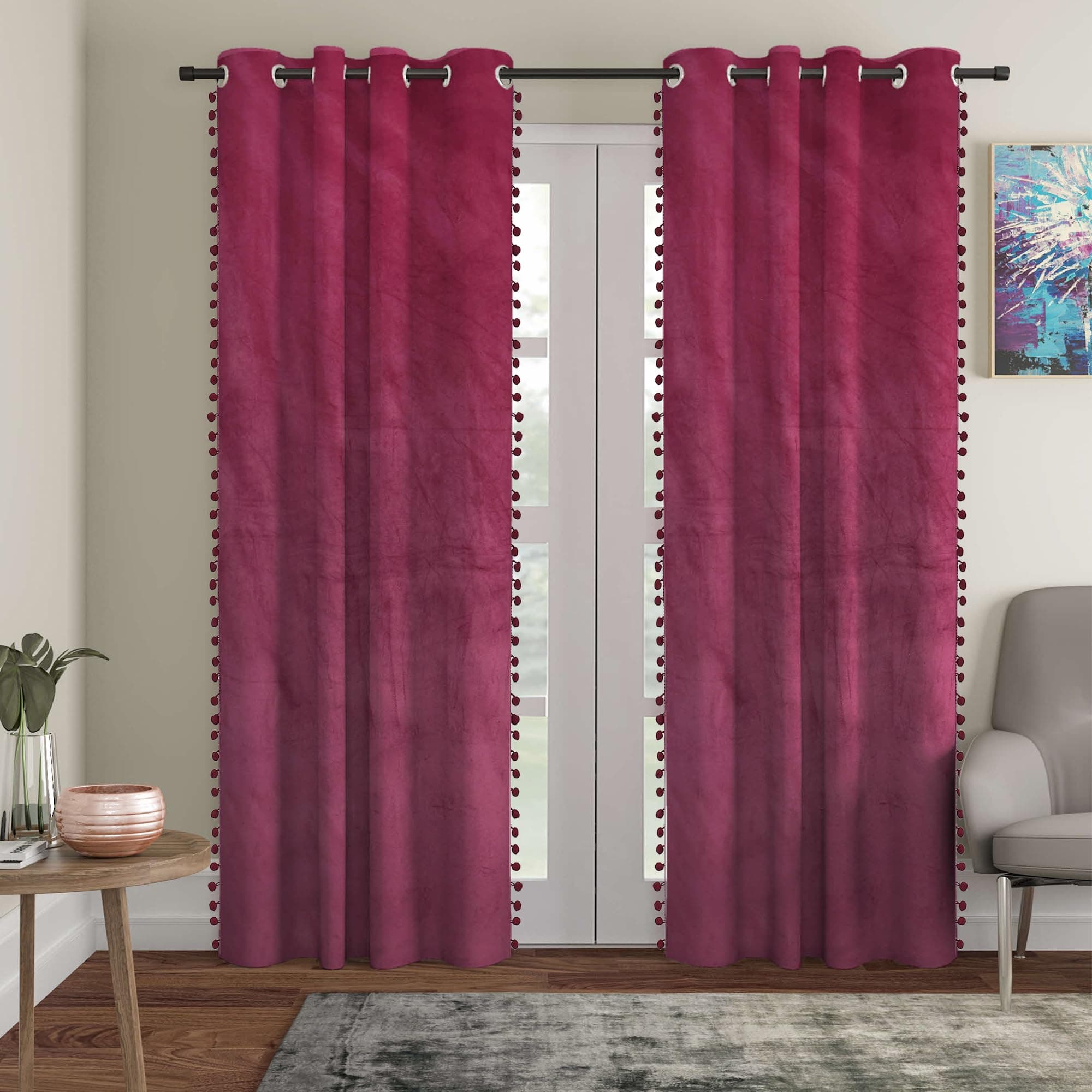 STITCHNEST Velvet Semi-Blackout Door Curtain with Pom Pom (7ft)