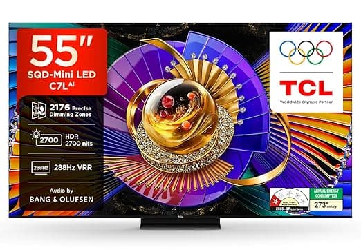 TCL 55" 4K SQD-MiniLED Google TV (288Hz VRR, B&O Speakers, 55C7L) at ₹89,990 (40% Off) – Amazon
