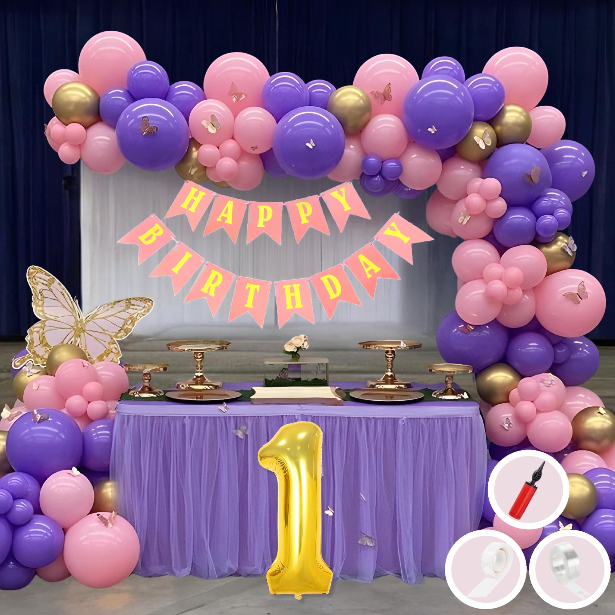 First Birthday Decoration Kit, Pink Purple and Gold Balloon Set, 50 Pieces