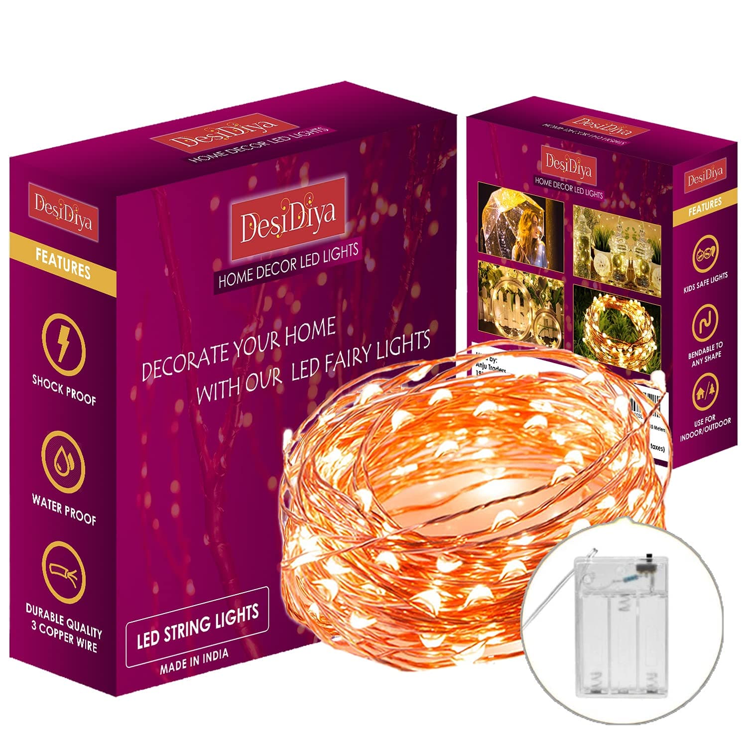 Desidiya 3AA Battery Powered Copper String Decorative LED Fairy Lights Warm White, 10 Meters, 100 LED's (Pack of 1) at ₹147 (85% Off) – Amazon