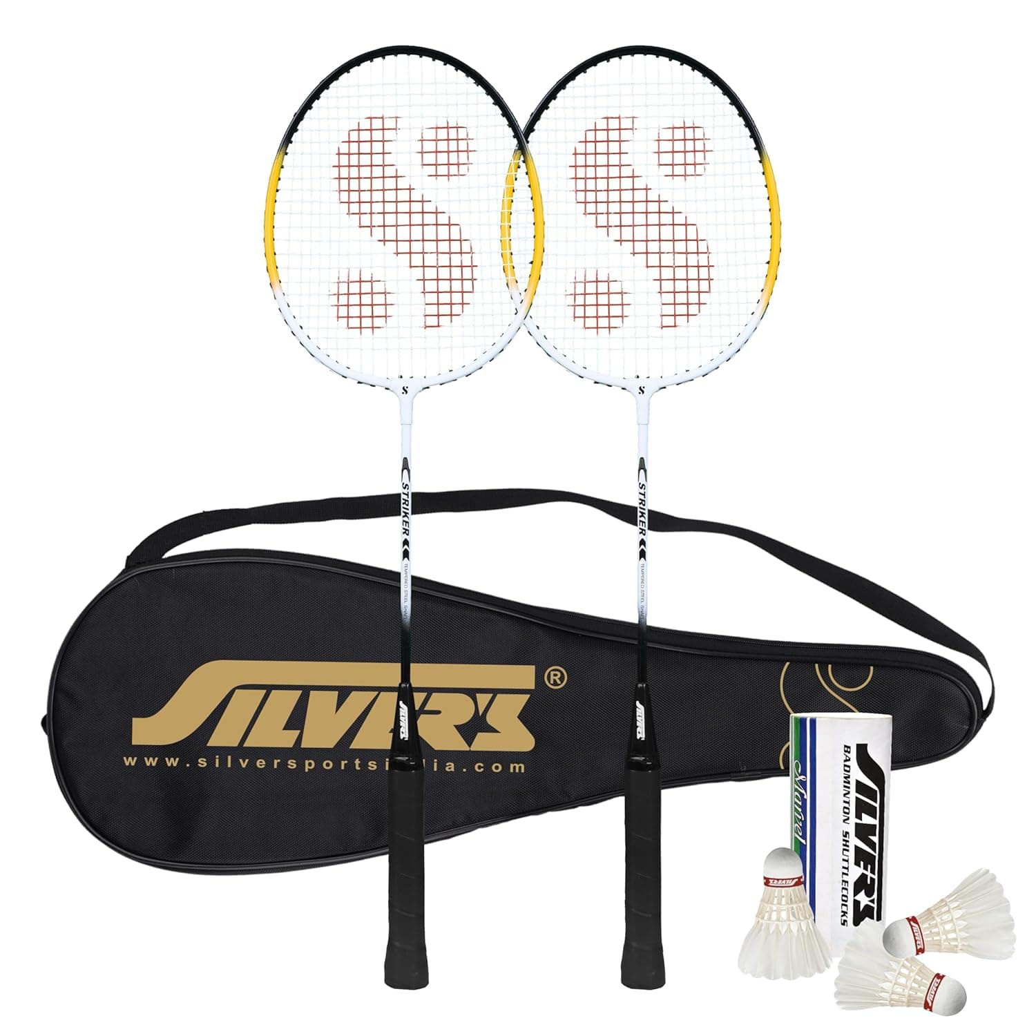 Silver's Aluminium Stricker Badminton Kit (2 Racquets with Full Cover, 1 Box Feather Shuttlecock Pack of 3)(Yellow/White) at ₹296 (72% Off) – Amazon