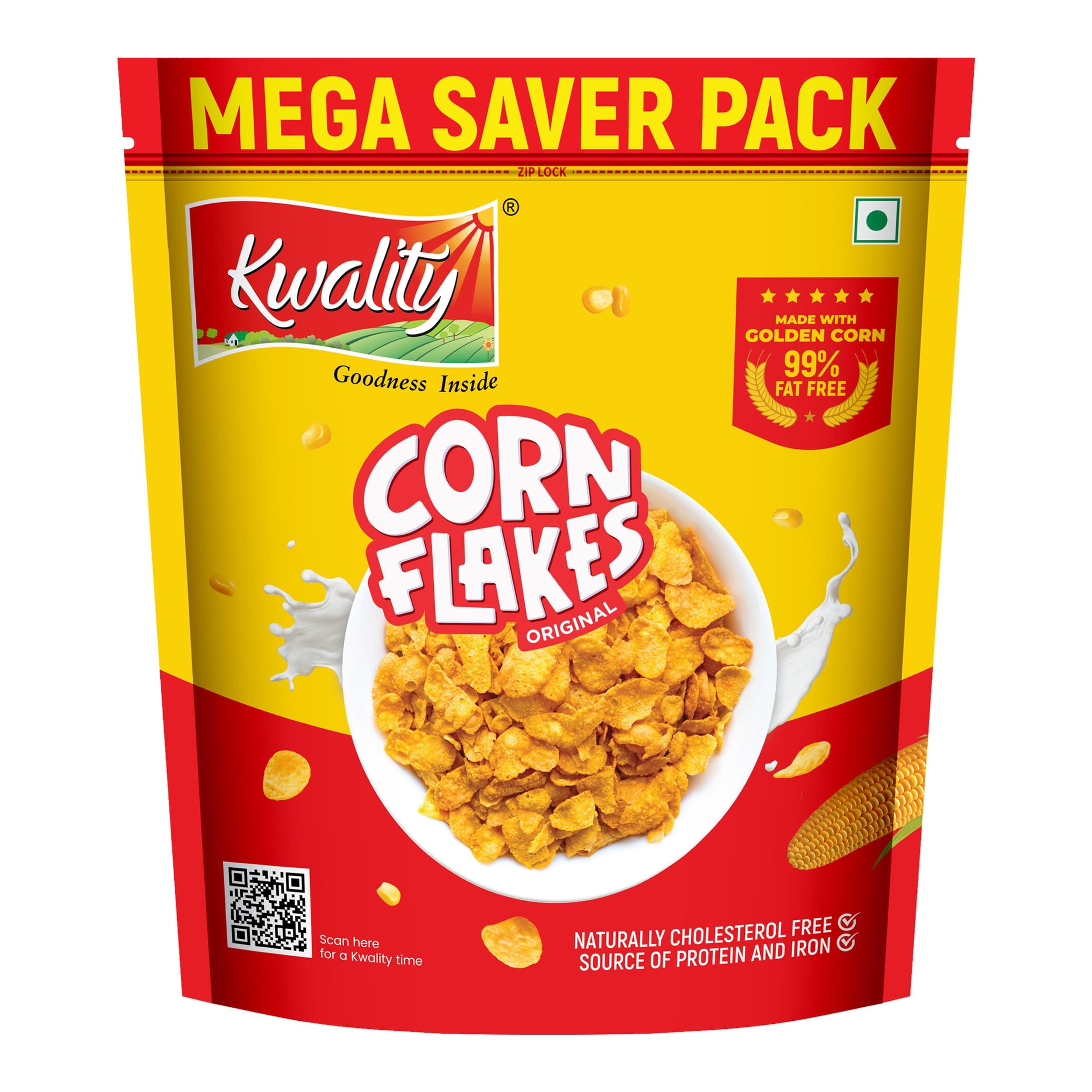 Kwality Corn Flakes 800g, 99% Fat Free, Source of Vitamins and Iron, High in Protein and Fibre