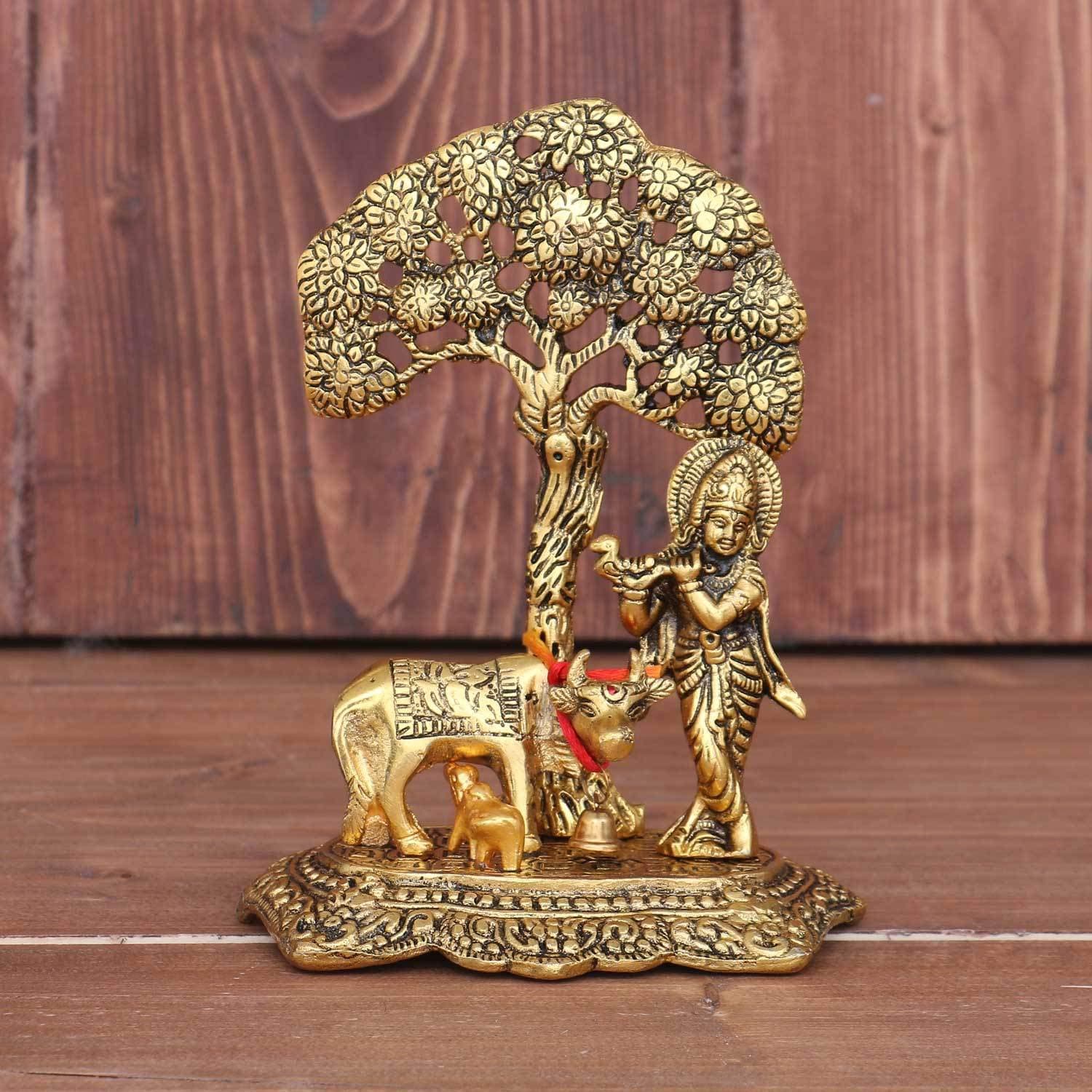 Premium Golden Metal Krishna Flute with Cow Idol