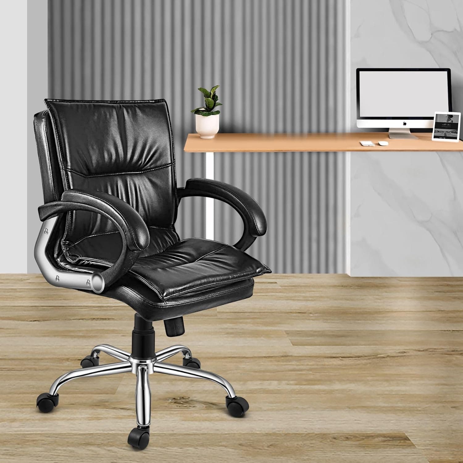 Oakcraft Comfort-Edge Adjustable Office Chair – PU-Leather Swivel Chair with Lumbar Backrest & Smooth Roll Wheels, Black at ₹4636 (76% Off) – Amazon
