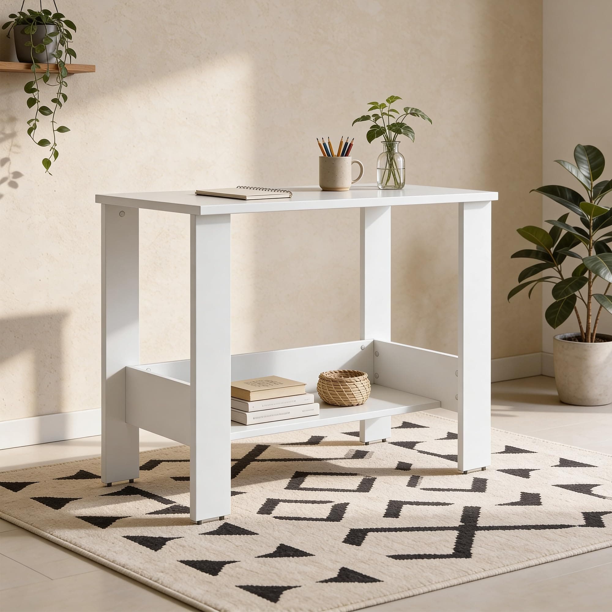 Green Soul Indus Study Table, Engineered Wood, Hidden Book Shelf, 90cm Wide, White