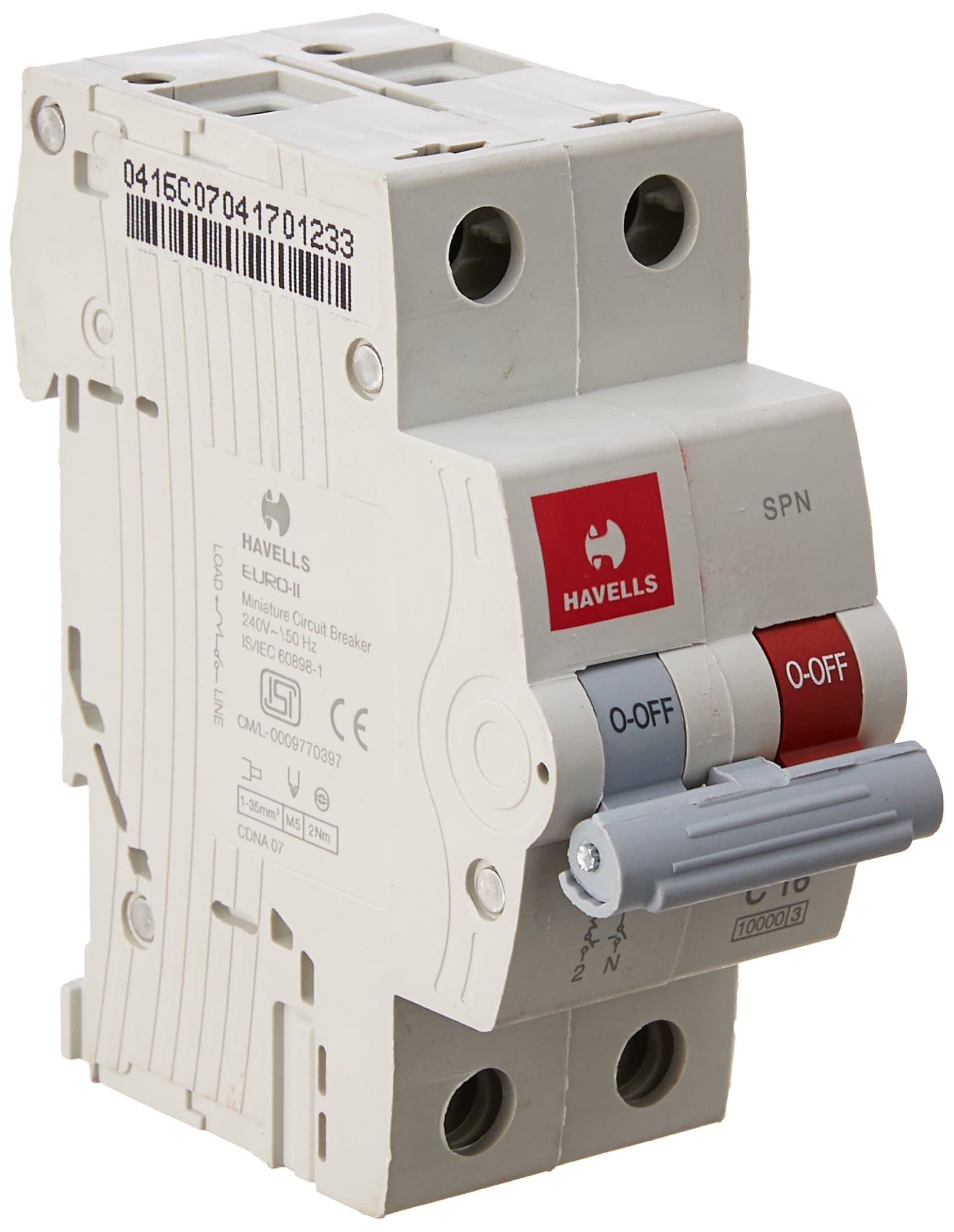 Havells 16A SPN C Curve MCB, DHMGCSNF016, PVC Plastic, White