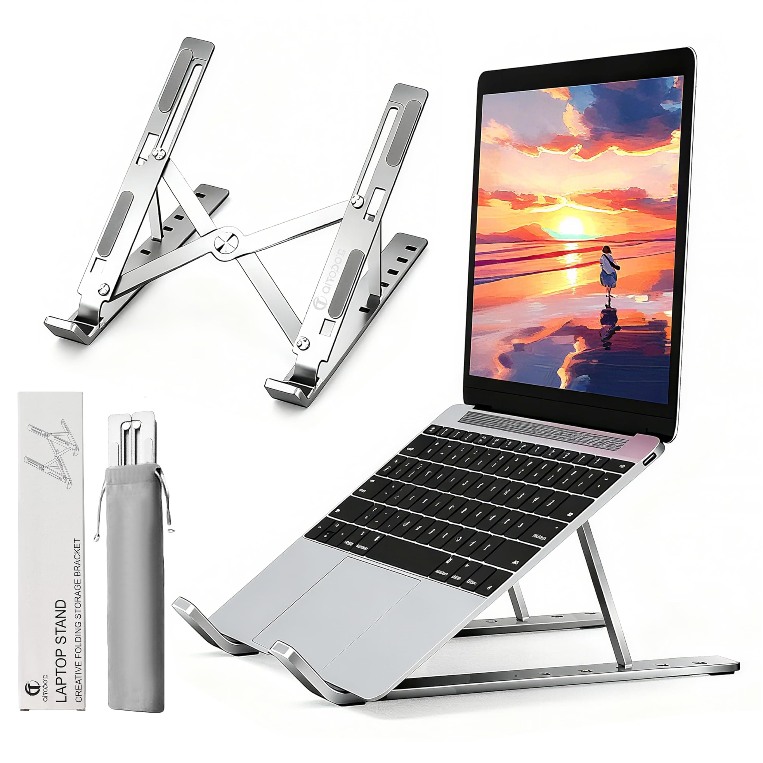 AITODOS TA Portable Aluminum Alloy Laptop Stand, 6-Level Adjustable, Ventilated, Non-Slip Rubber, Foldable (8-16 inches)