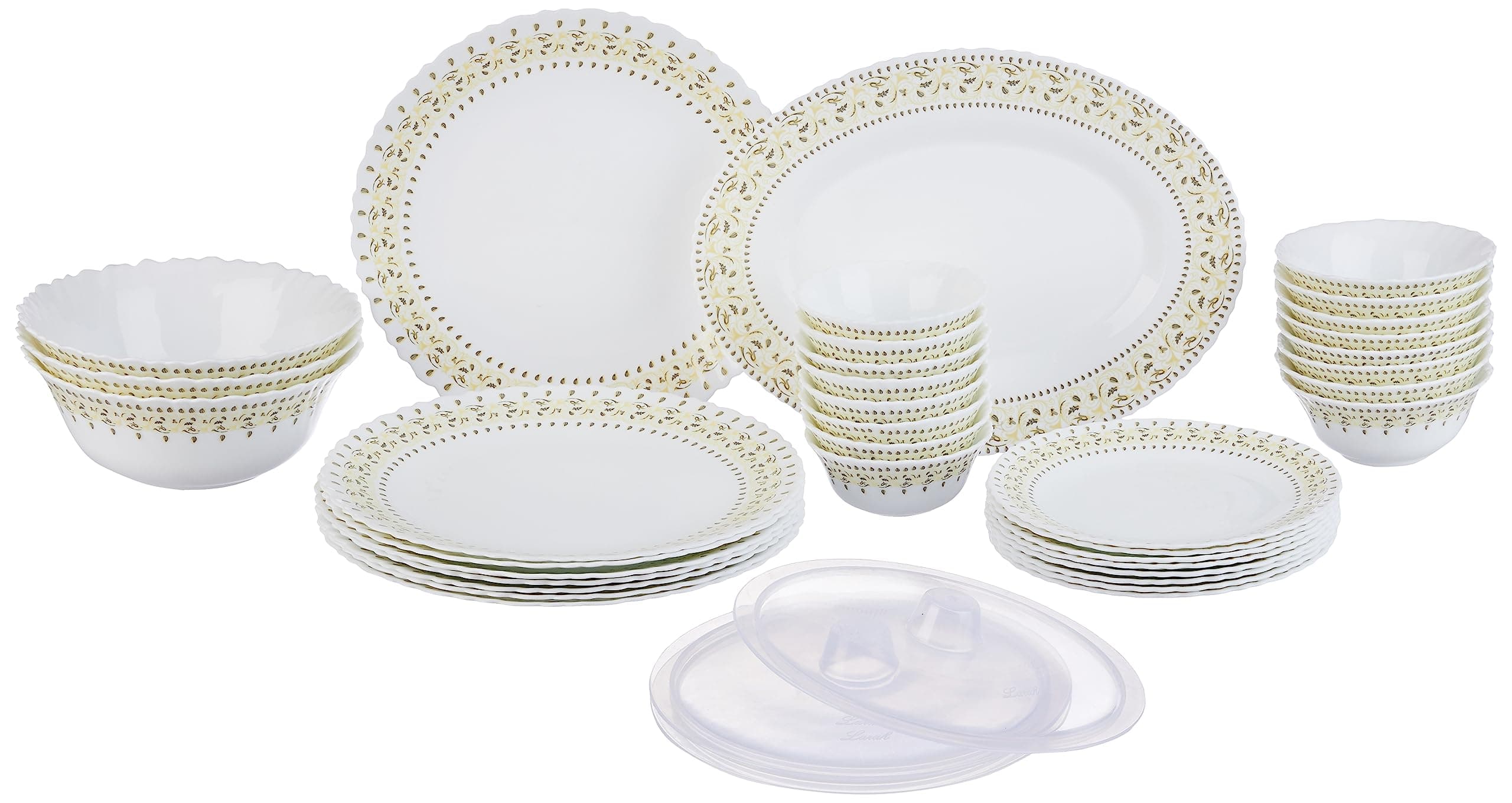 Larah by Borosil Ora Gold Opalware Dinner Set, 36 Pieces for 8 at ₹1766 (63% Off) – Amazon