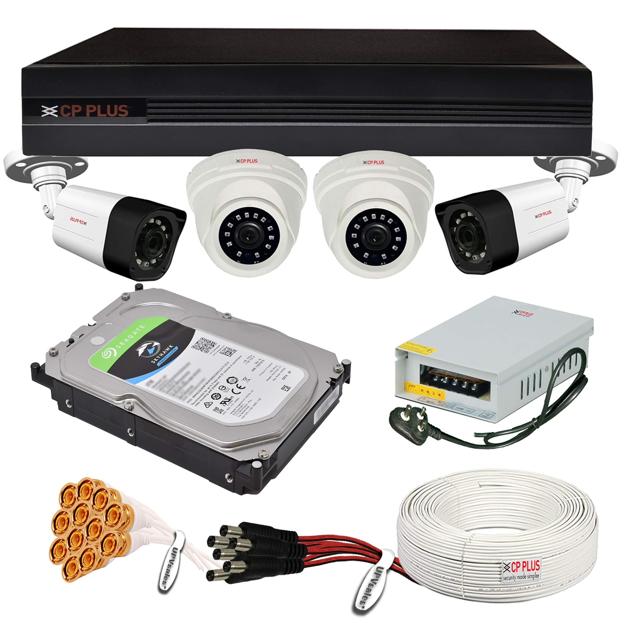 CP Plus Wired 1080P HD CCTV Combo, 4Ch DVR with 2 Dome and 2 Bullet Cameras, 1TB HDD and 90m Cable